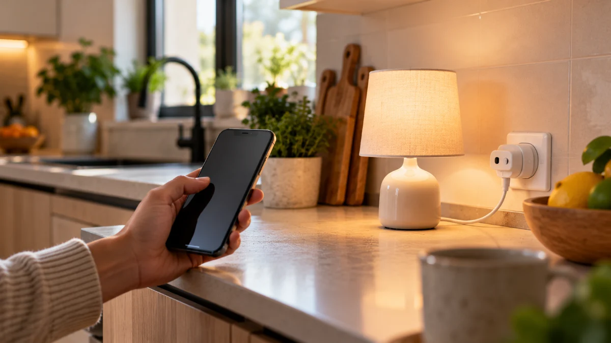 Bucătărie luminată natural, cu o lampă de masă conectată la o priză smart din perete și o mână care ține un telefon în prim-plan