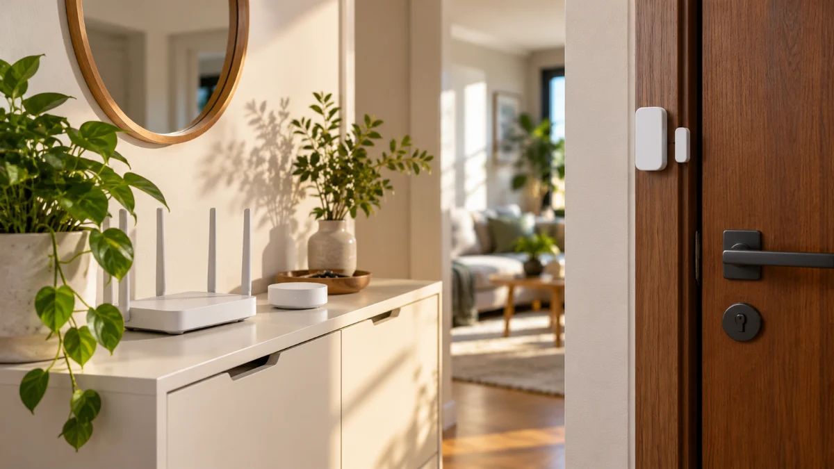 Hol luminos cu un router Wi-Fi alb și un hub smart mic pe o comodă albă, iar pe tocul ușii de alături un senzor de ușă alb, în două bucăți