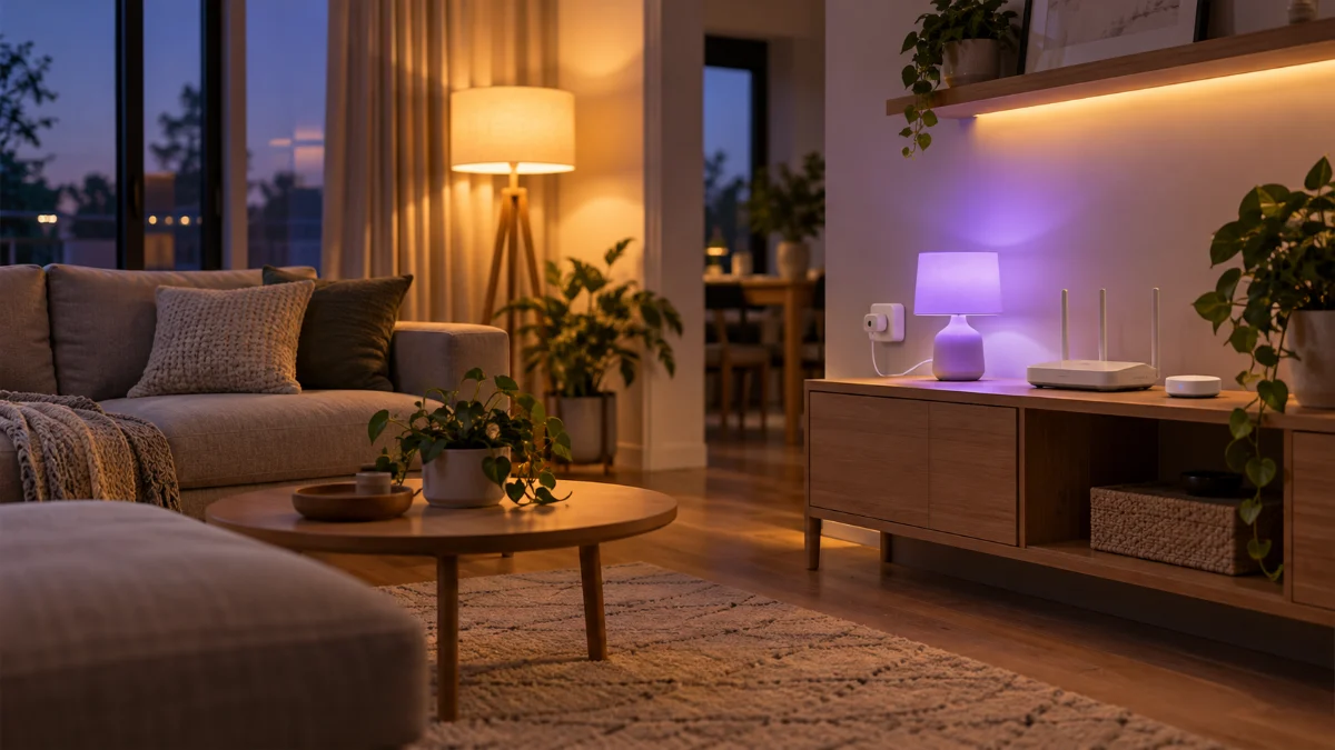 Living seara, cu o lampă de podea aprinsă, o veioză violet conectată la o priză smart și, pe comodă, un router Wi-Fi alb lângă un hub smart mic și rotund