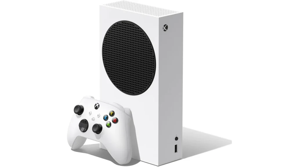 Consola Xbox Series S, albă, în poziție verticală, cu controlerul wireless alb sprijinit în față