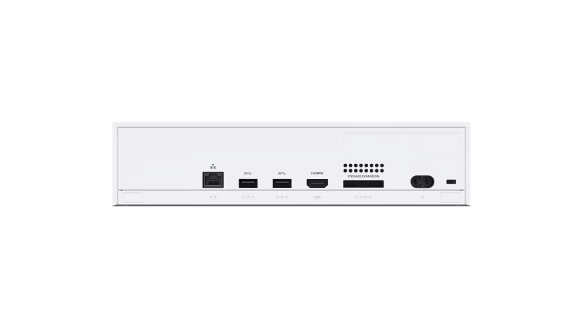 Spatele consolei Xbox Series S, cu porturile Ethernet, USB și HDMI, slotul pentru cardul de extensie și mufa de alimentare, pe fundal alb