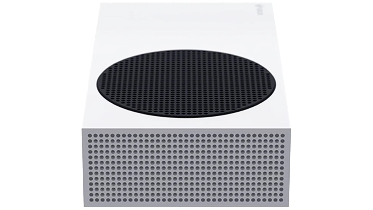 Xbox Series S, culcată pe orizontală, văzută de sus, cu grila de ventilație rotundă pe capac și grila laterală