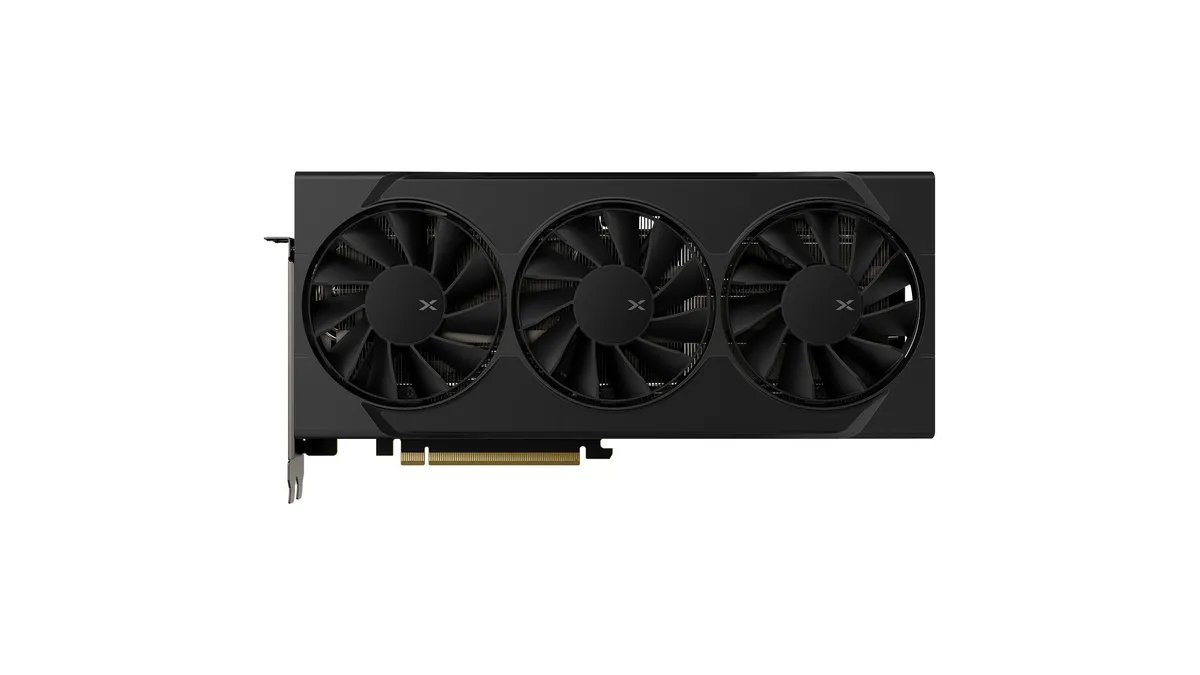 Placa video XFX Swift AMD Radeon RX 9060 XT OC Triple Fan Gaming Edition, neagră, cu trei ventilatoare, văzută din față