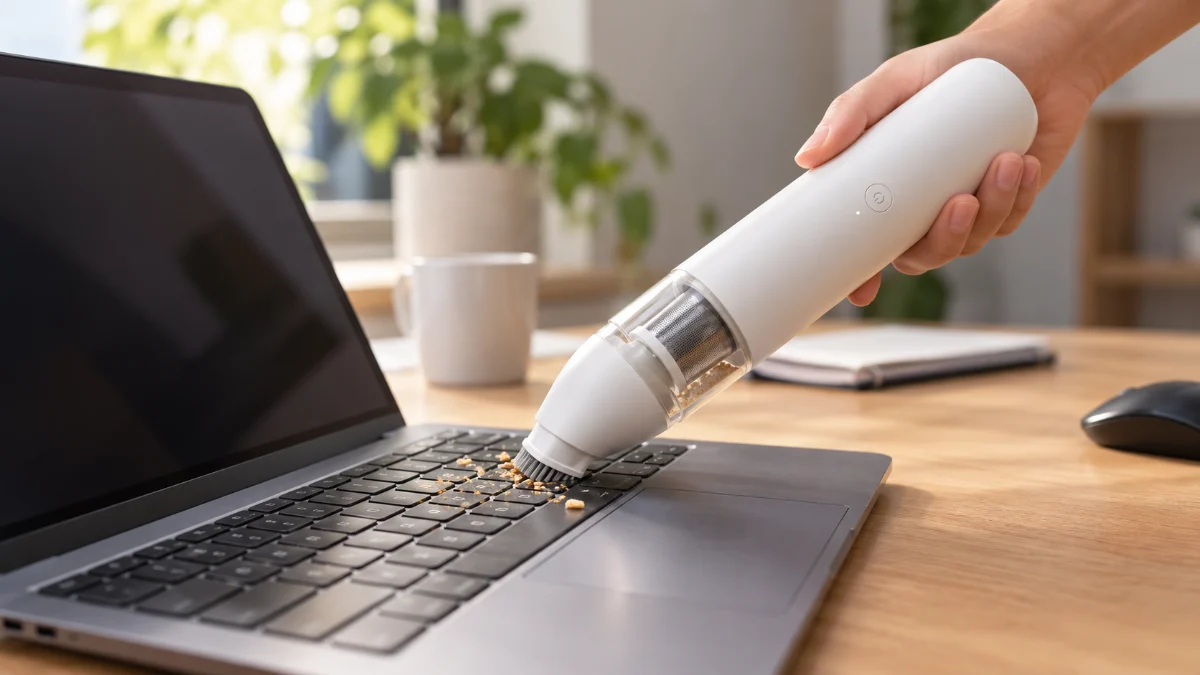 Un aspirator de mână alb și subțire, ca Xiaomi Mi Vacuum Cleaner mini, deasupra unei tastaturi de laptop