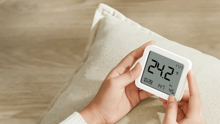 Termohigrometrul Xiaomi Smart Temperature and Humidity Monitor 3, alb, ținut în mâini lângă o pernă
