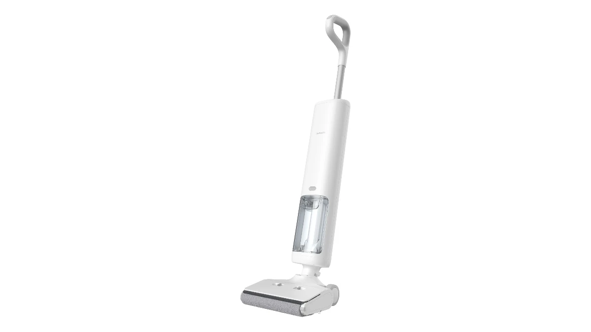 Aspirator vertical cu spălare Xiaomi Truclean W10 Pro alb, înclinat ca în timpul folosirii
